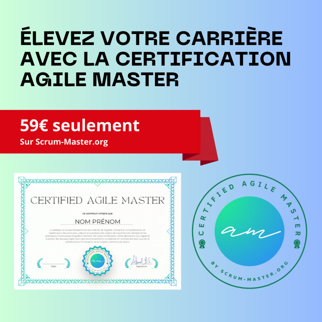 Bannière de Certification Agile Master couvrant Scrum, LeSS, SAFe, Lean, et Kanban pas cher gratuit en ligne à 59€ seulement