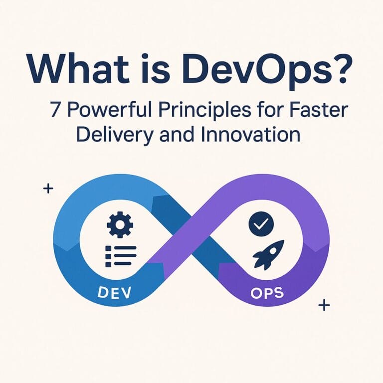 Illustration du cycle de vie DevOps avec une boucle infinie et des flèches montrant la collaboration entre le développement de logiciels et les opérations. Titre : Qu'est-ce que DevOps ? 7 Powerful Principles for Faster Delivery and Innovation (7 principes puissants pour accélérer les livraisons et l'innovation).